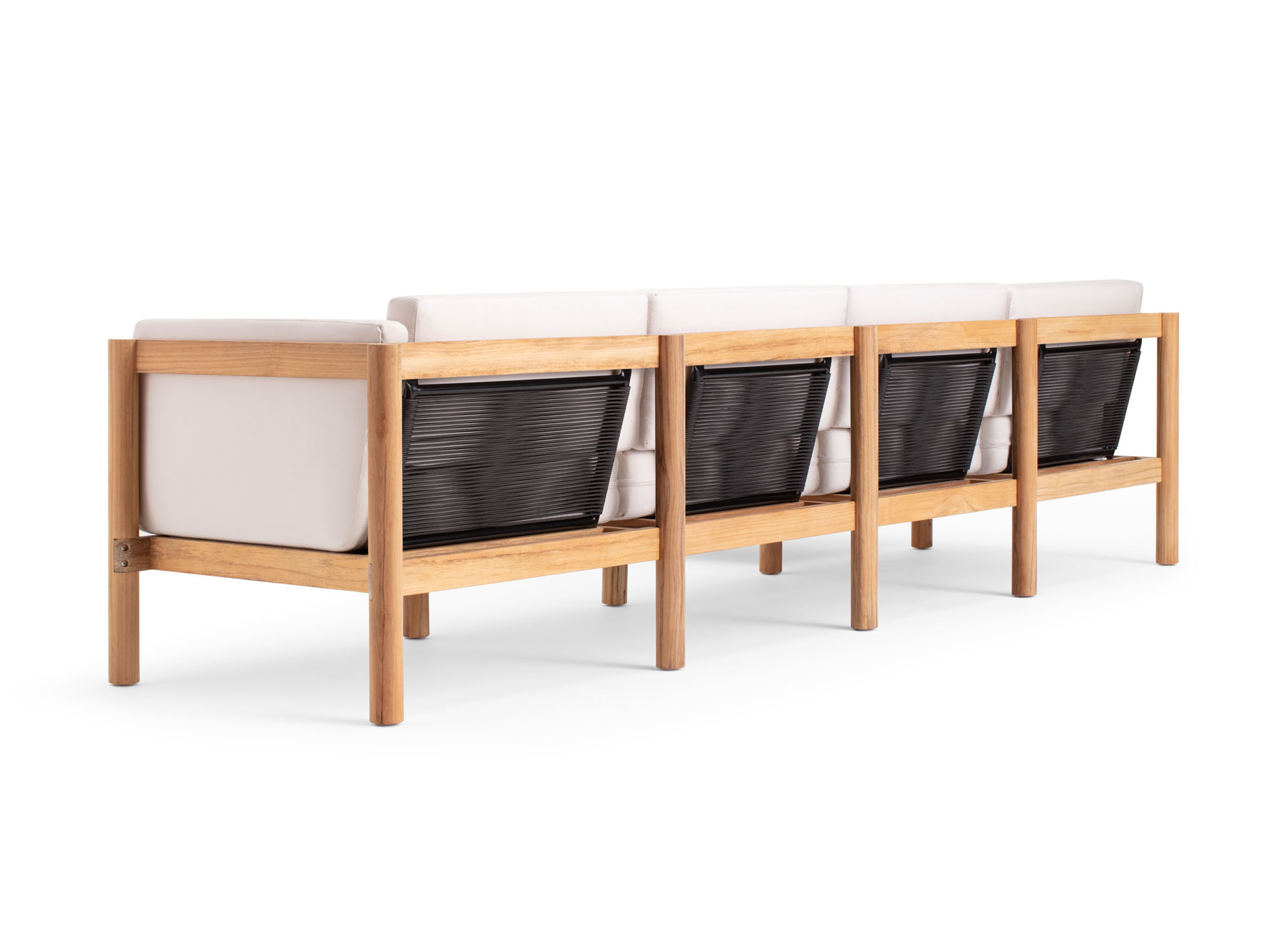 Back angle view of 5-piece outdoor sectional with white arm cushions